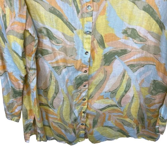 Rachel Zoe 100% Linen Tunic Top Womens 1X Pastel Tropical Roll Tab Sleeve - Picture 3 of 8